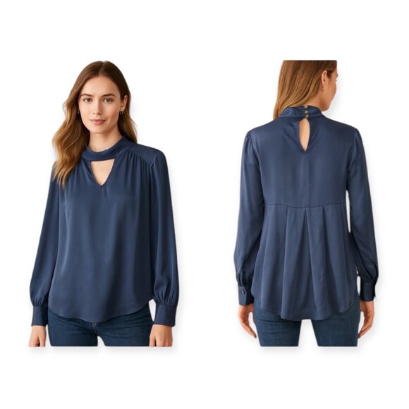 NWT $89 Vince Camuto Ivy Green Pleated High-Low Blouse Mock Neck - Size M - Picture 4 of 4